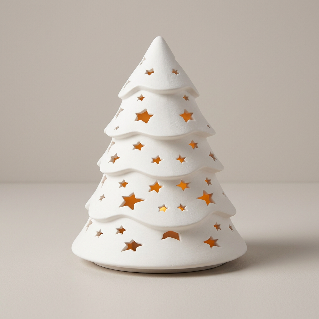 White Christmas tree with glowing star cutouts on a studio background