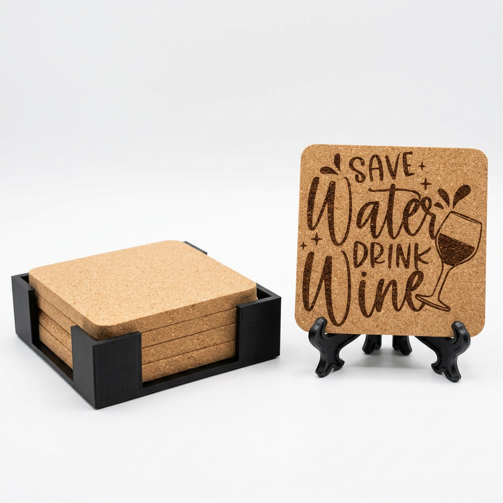 Square cork coasters in a black holder beside an engraved square coaster on a display stand.