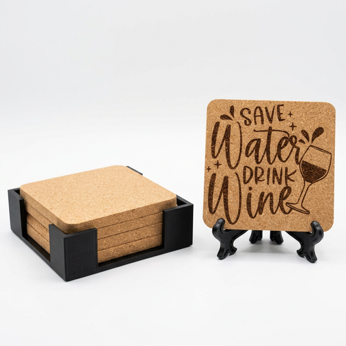 Square cork coasters in a black holder beside an engraved square coaster on a display stand.